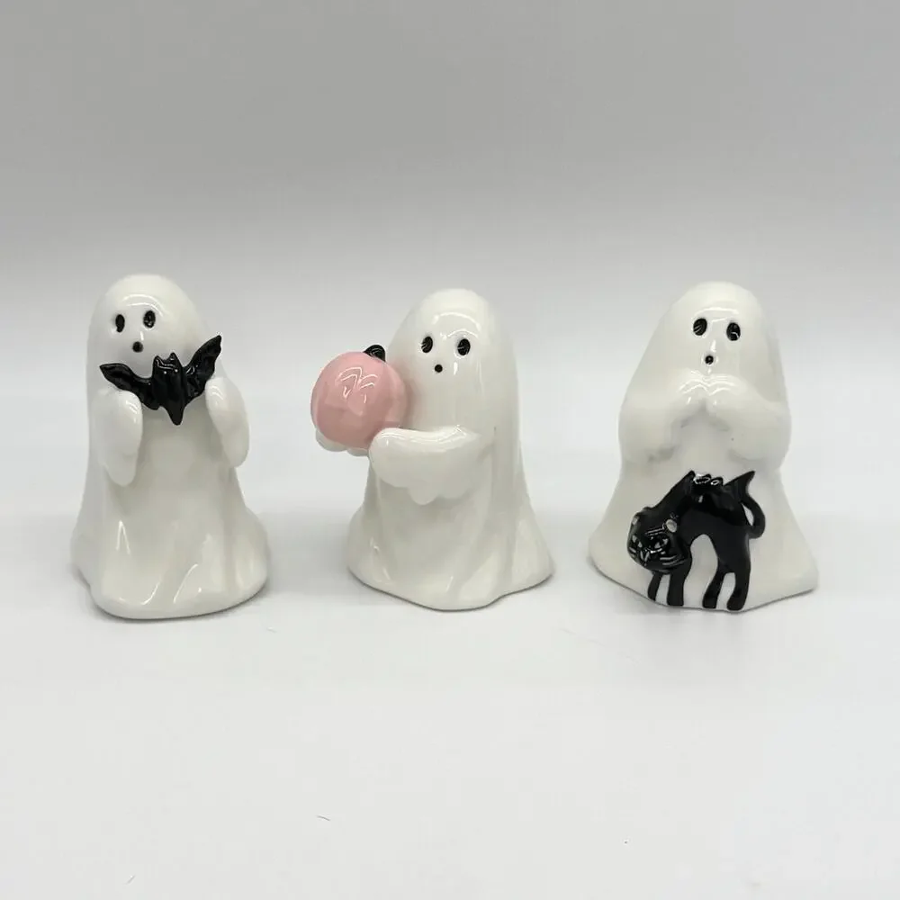Set of 3 Target Hyde & Eek Ceramic Ghost w/ Pink Pumpkin Bat & Cat Halloween NEW